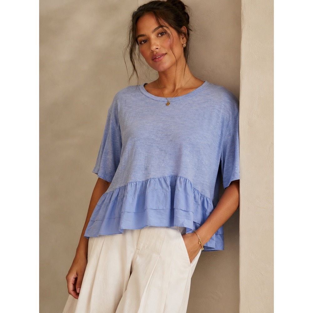 Akemi + Kin Anthropologie Blue Ruffle Peplum Hem Slub Knit Cotton Tee Top- XS